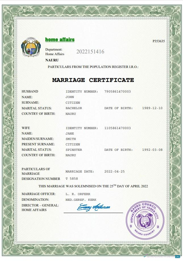 Реалистичный Скачать Науру Marriage Certificate Word и PDF Шаблон Photoshop Шаблон