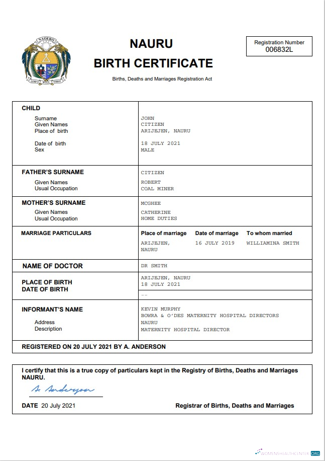 Профессиональный Скачать Науру Vital Record Birth Certificate Word и PDF Шаблон Photoshop Шаблон