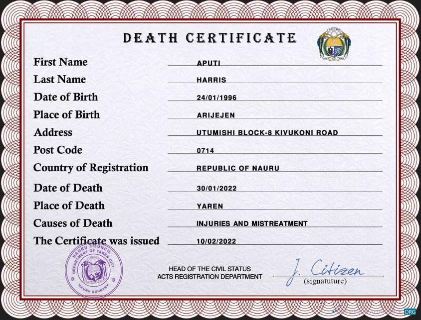 Профессиональный Скачать Науру Vital Record Death Certificate PSD Шаблон Photoshop Шаблон