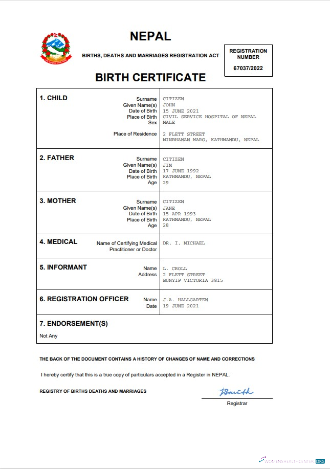 Премиум Скачать Непал Birth Certificate Word и PDF Шаблон Photoshop Шаблон