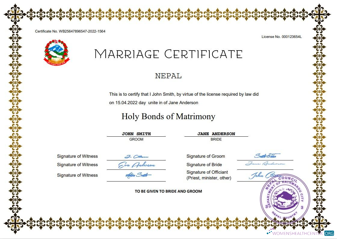 Редактируемый Скачать Непал Marriage Certificate Word и PDF Шаблон Photoshop Шаблон