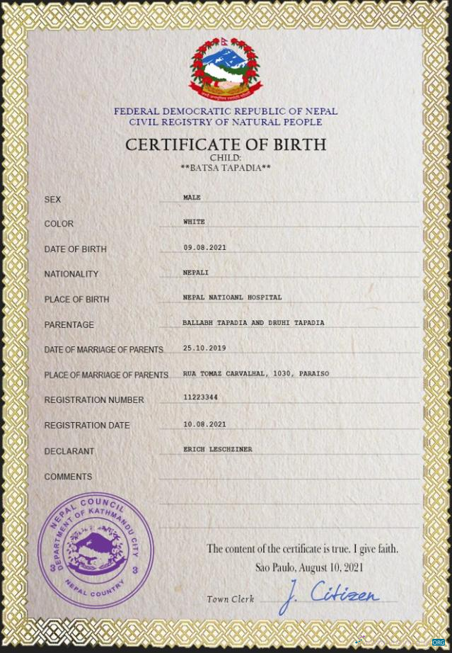 Профессиональный Скачать Непал Vital Record Birth Certificate PSD Шаблон Photoshop Шаблон