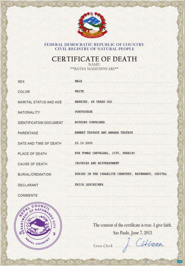 Профессиональный Скачать Непал Vital Record Death Certificate PSD Шаблон Photoshop Шаблон