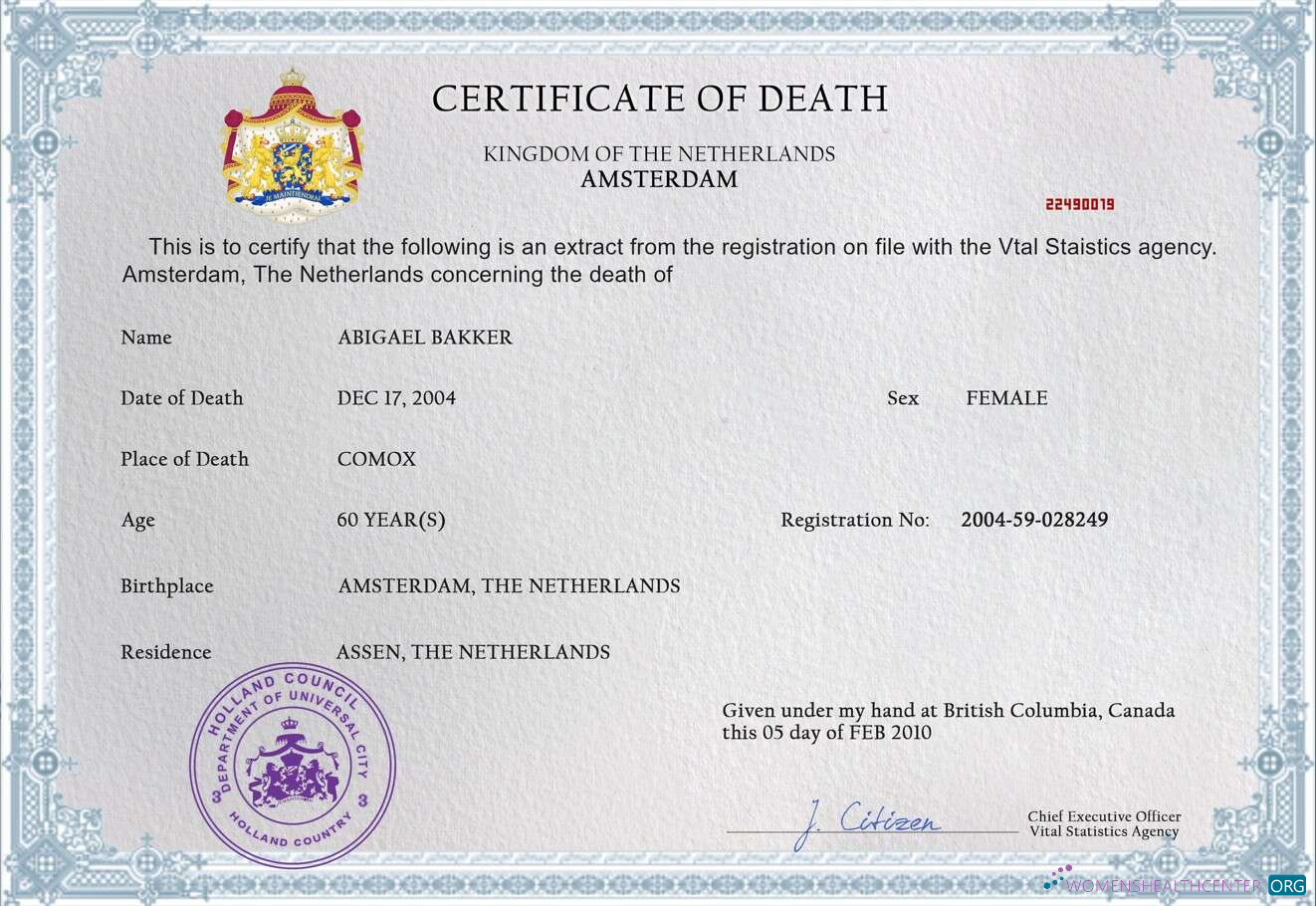 Редактируемый Скачать Нидерланды Death Certificate PSD Шаблон Photoshop Шаблон