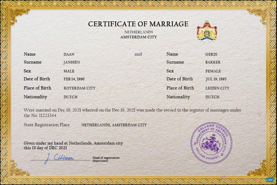 Реалистичный Скачать Нидерланды Marriage Certificate PSD Шаблон Photoshop Шаблон