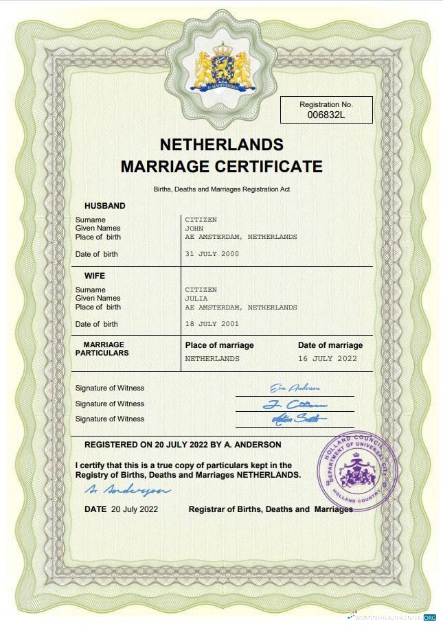 Реалистичный Скачать Нидерланды Marriage Certificate Word и PDF Шаблон Photoshop Шаблон