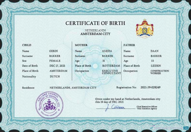 Премиум Скачать Нидерланды Vital Record Birth Certificate PSD Шаблон Photoshop Шаблон