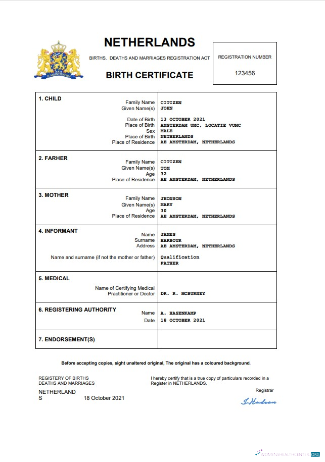 Редактируемый Скачать Нидерланды Vital Record Birth Certificate Word и PDF Шаблон Photoshop Шаблон