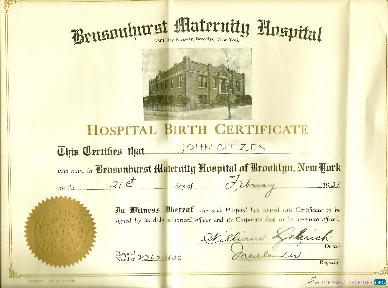 Профессиональный Скачать Новый York Bensonhurst Maternity Hospital Birth Certificate Photoshop Шаблон