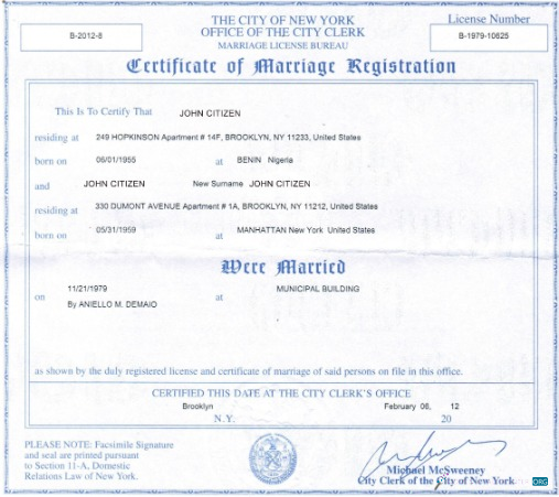 Редактируемый Скачать Новый York Office Сити Clerk Marriage Certificate Photoshop Шаблон