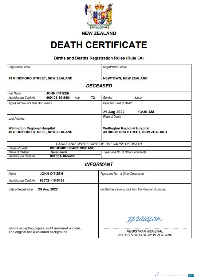 Реалистичный Скачать Новая Зеландия Death Certificate Word и PDF Шаблон Photoshop Шаблон