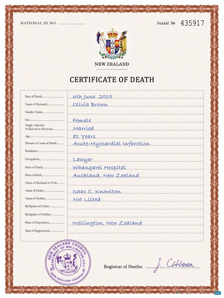Реалистичный Скачать Новая Зеландия Vital Record Death Certificate PSD Шаблон Photoshop Шаблон