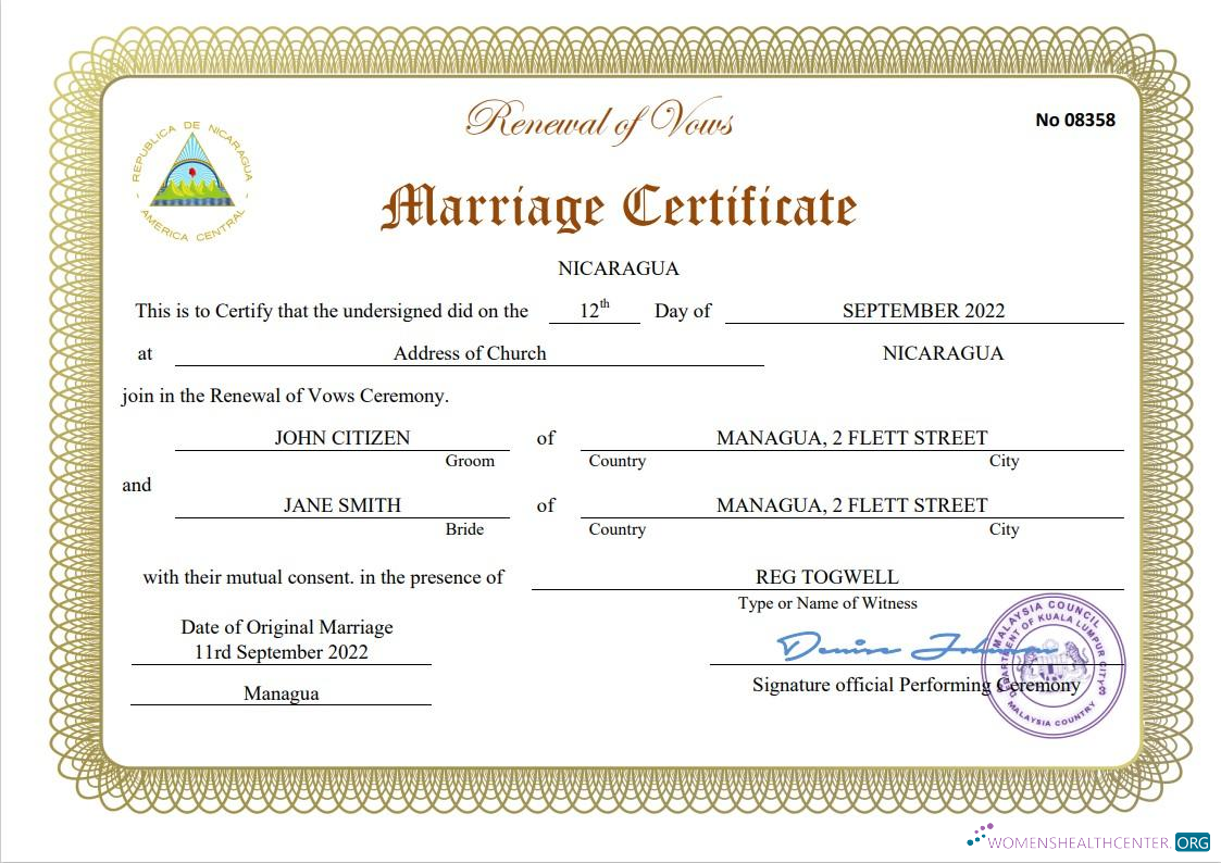 Качественный Скачать Никарагуа Marriage Certificate Word и PDF Шаблон Photoshop Шаблон