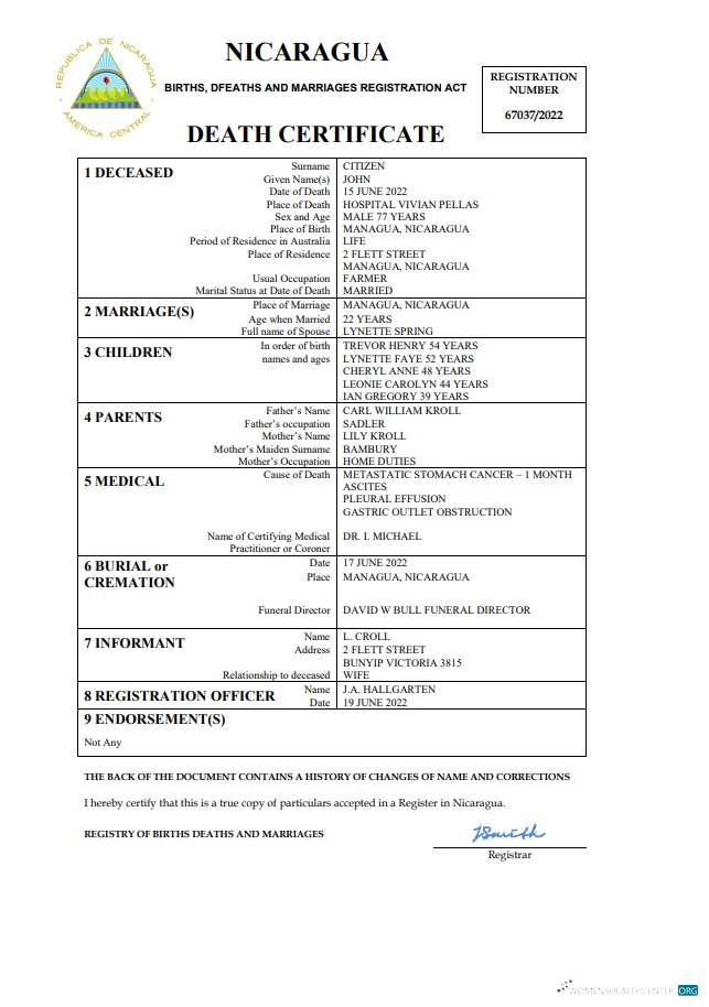 Редактируемый Скачать Никарагуа Vital Record Death Certificate Word и PDF Шаблон Photoshop Шаблон