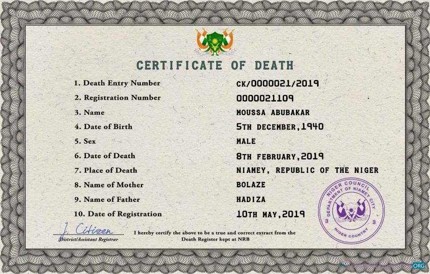Качественный Скачать Нигер Death Certificate PSD Шаблон Photoshop Шаблон