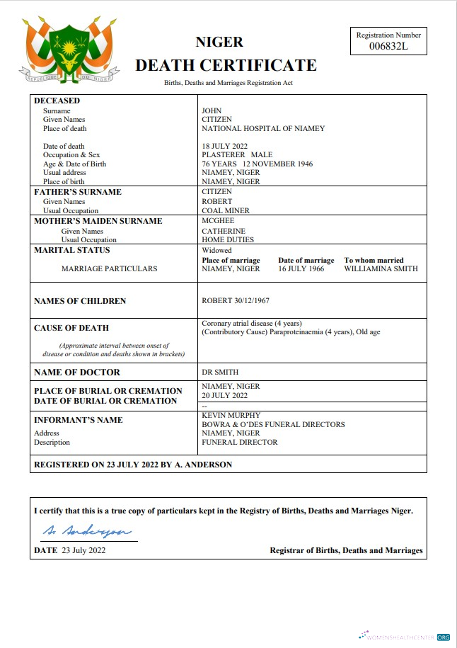 Качественный Скачать Нигер Death Certificate Word и PDF Шаблон Photoshop Шаблон
