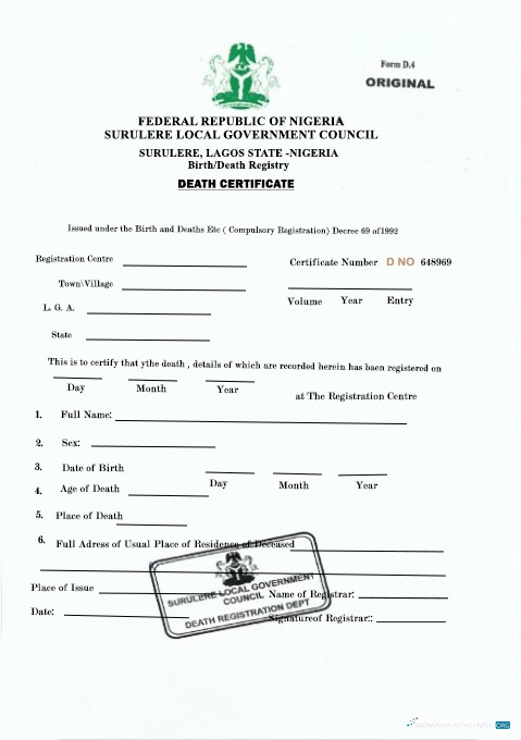 Редактируемый Скачать Нигерия Sugulere Local Government Council Death Certificate Photoshop Шаблон