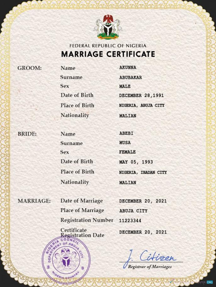 Редактируемый Скачать Нигерия Marriage Certificate PSD Шаблон Photoshop Шаблон