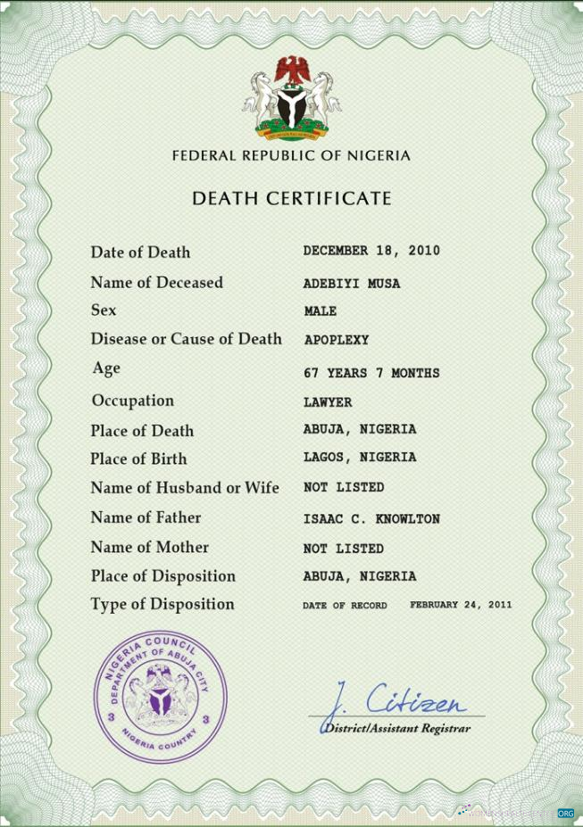 Профессиональный Скачать Нигерия Vital Record Death Certificate PSD Шаблон Photoshop Шаблон