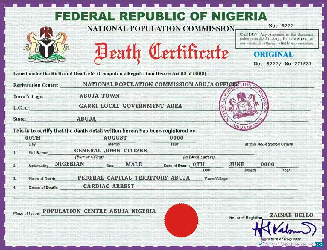Профессиональный Скачать Нигерия Vital Record Death Certificate PSD Шаблон, Версия 2 Photoshop Шаблон