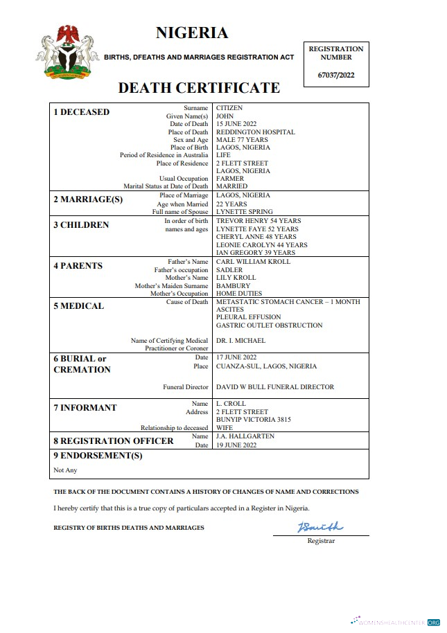 Качественный Скачать Нигерия Vital Record Death Certificate Word и PDF Шаблон Photoshop Шаблон