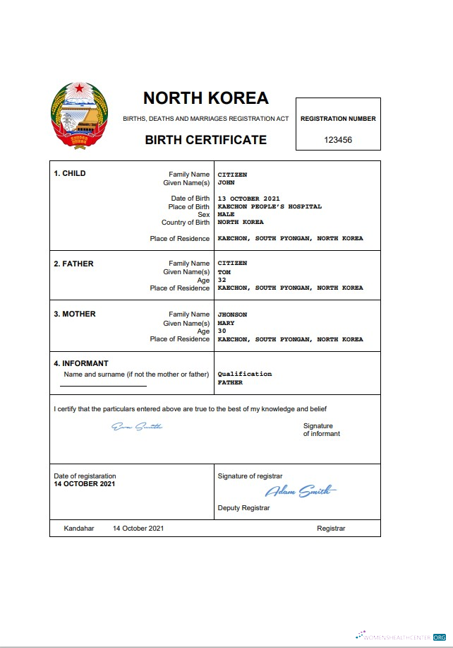 Профессиональный Скачать Северная Корея Birth Certificate Word и PDF Шаблон Photoshop Шаблон