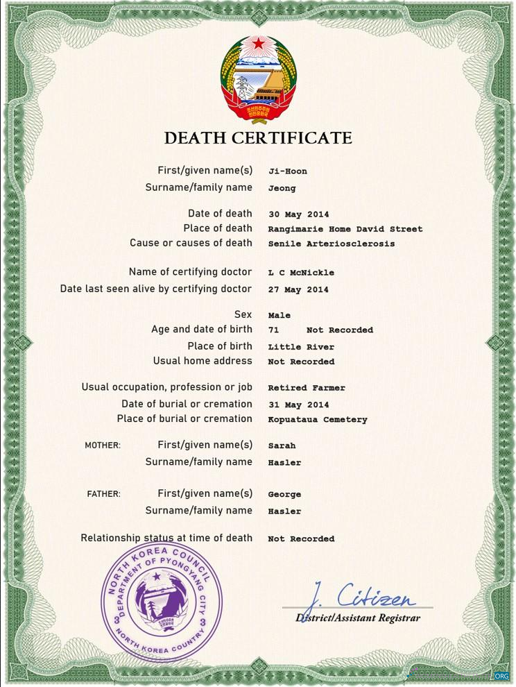 Редактируемый Скачать Северная Корея Death Certificate PSD Шаблон Photoshop Шаблон
