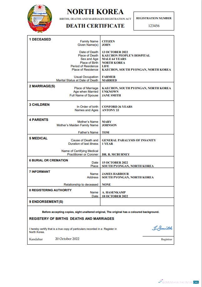 Реалистичный Скачать Северная Корея Vital Record Death Certificate Word и PDF Шаблон Photoshop Шаблон