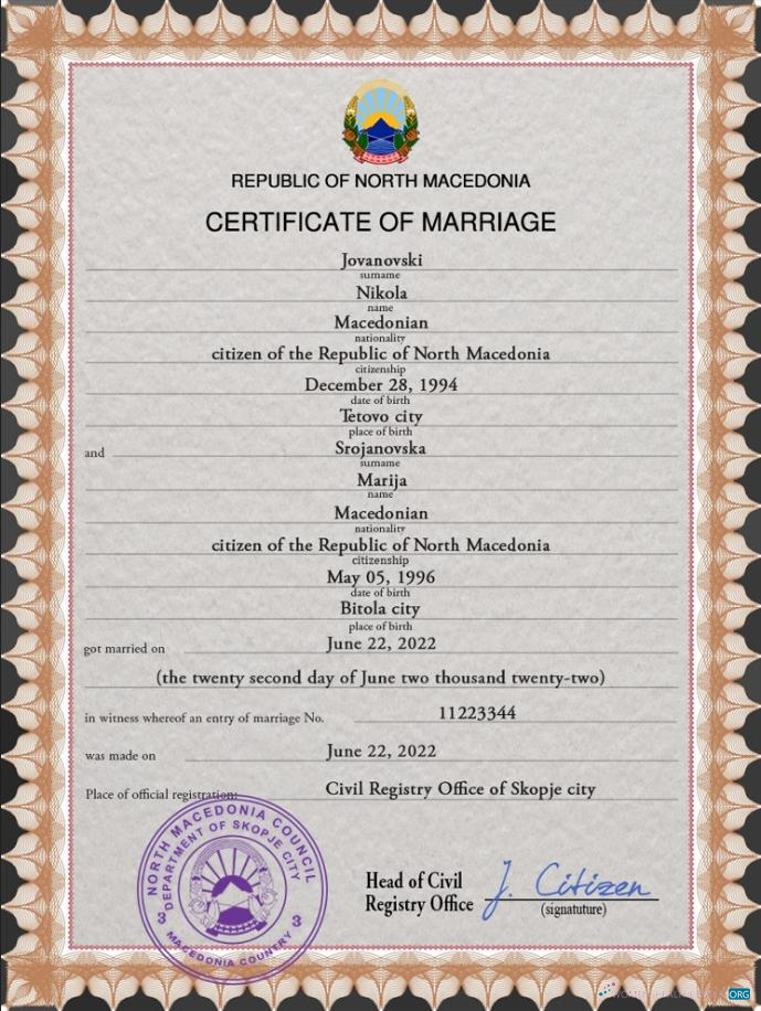 Профессиональный Скачать Северный Macedonia Marriage Certificate PSD Шаблон Photoshop Шаблон