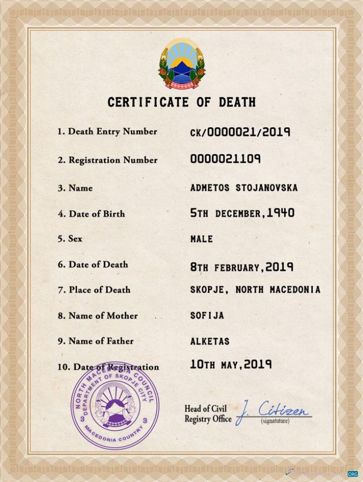 Премиум Скачать Северный Macedonia Vital Record Death Certificate PSD Шаблон Photoshop Шаблон