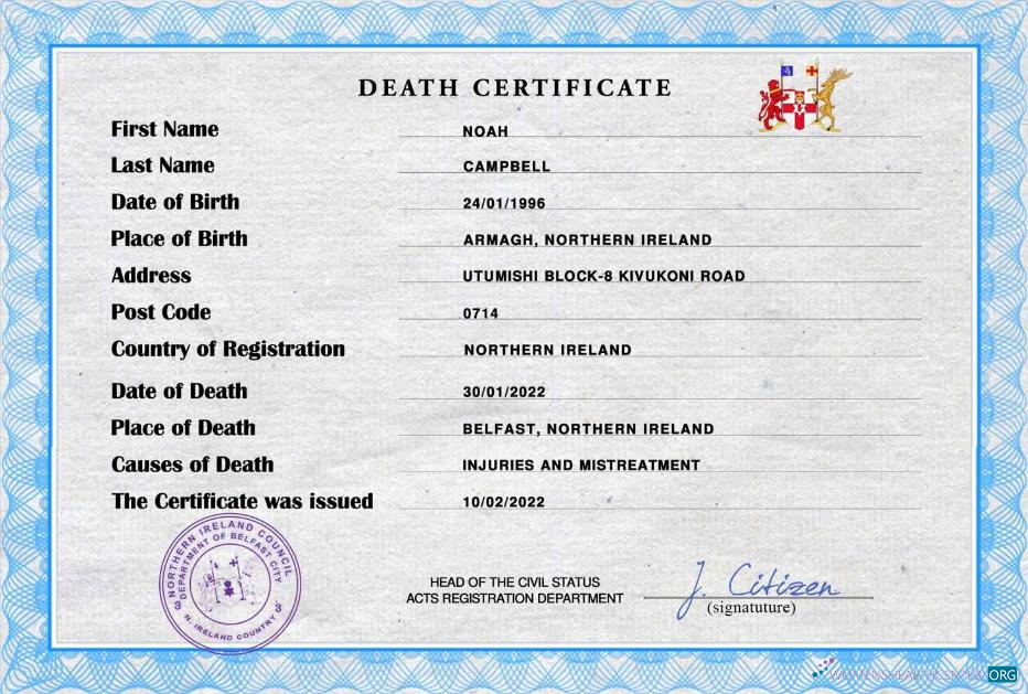 Премиум Скачать Northern Ирландия Death Certificate PSD Шаблон Photoshop Шаблон
