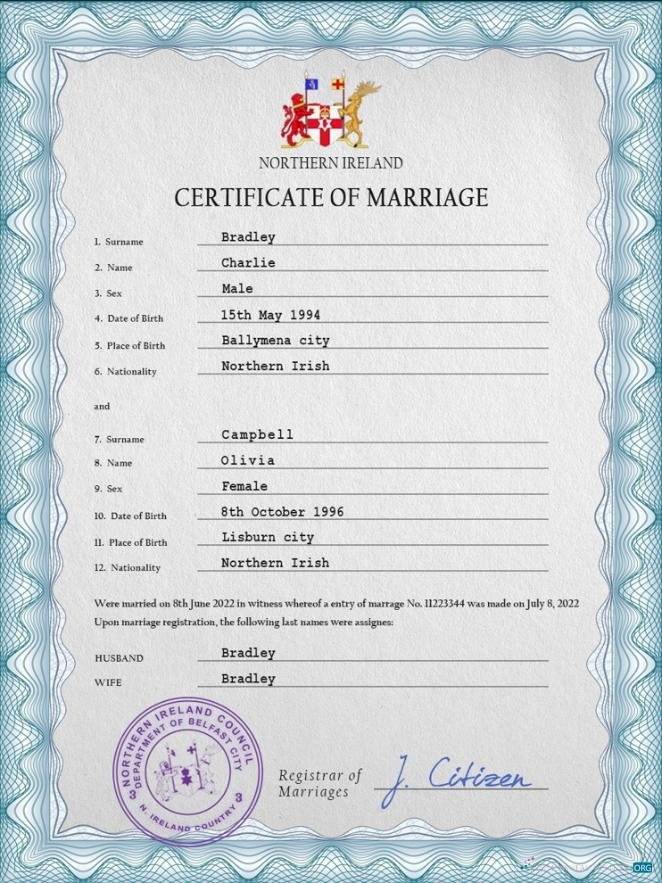 Профессиональный Скачать Northern Ирландия Marriage Certificate PSD Шаблон Photoshop Шаблон