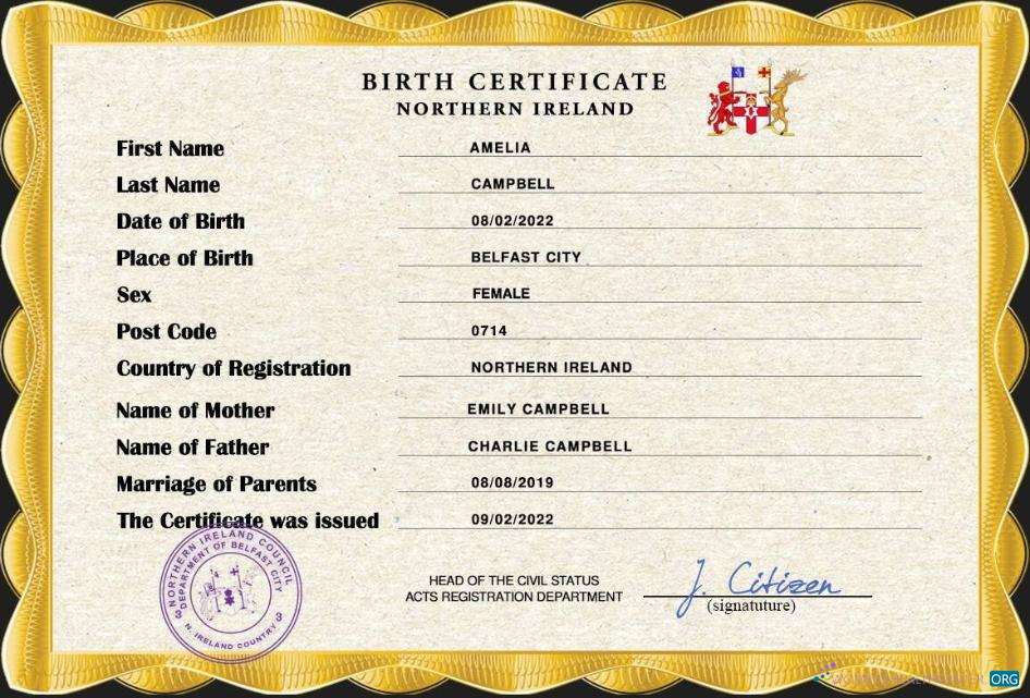 Качественный Скачать Northern Ирландия Vital Record Birth Certificate PSD Шаблон Photoshop Шаблон