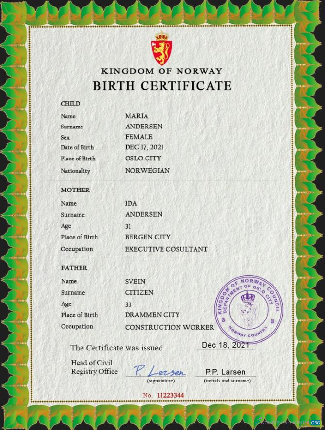 Реалистичный Скачать Норвегия Birth Certificate PSD Шаблон Photoshop Шаблон