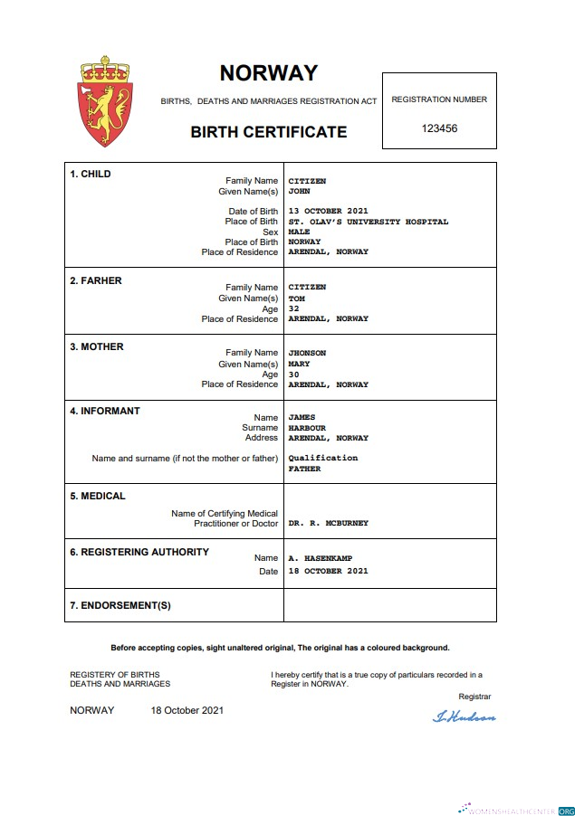Качественный Скачать Норвегия Birth Certificate Word и PDF Шаблон Photoshop Шаблон