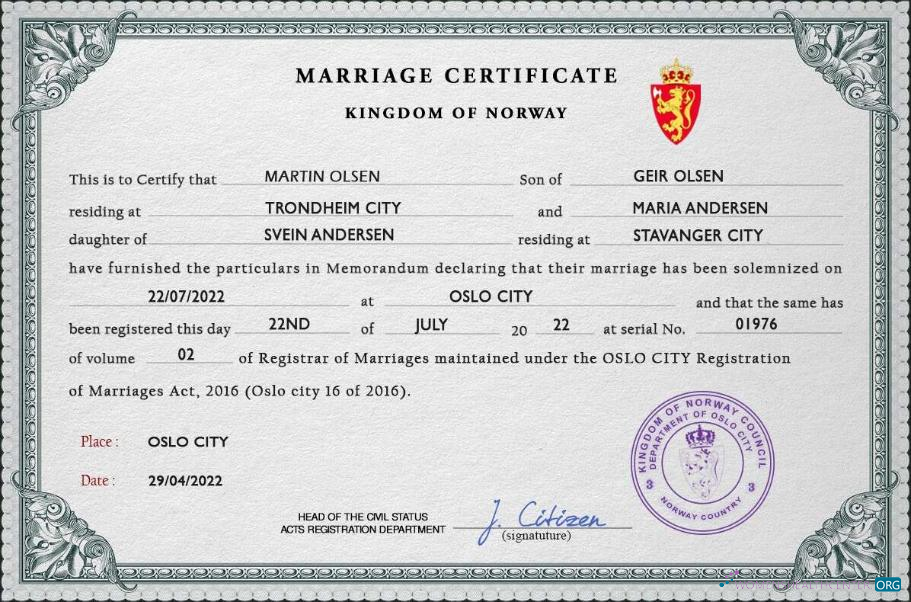 Качественный Скачать Норвегия Marriage Certificate PSD Шаблон Photoshop Шаблон