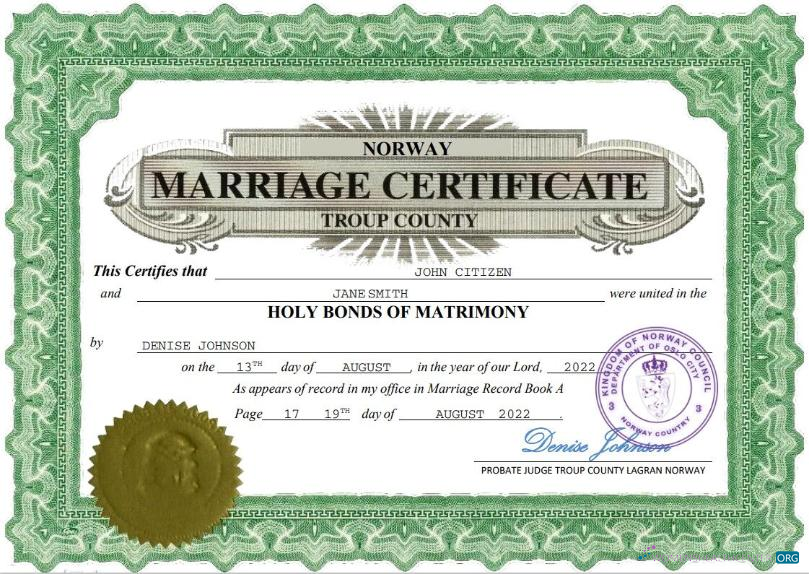 Редактируемый Скачать Норвегия Marriage Certificate Word и PDF Шаблон Photoshop Шаблон