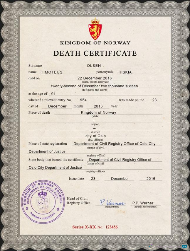 Редактируемый Скачать Норвегия Vital Record Death Certificate PSD Шаблон Photoshop Шаблон