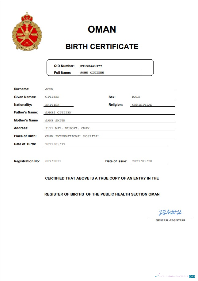 Качественный Скачать Оман Birth Certificate Word и PDF Шаблон Photoshop Шаблон