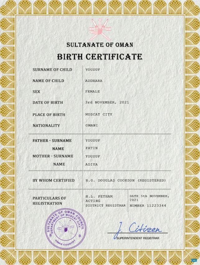 Реалистичный Скачать Оман Vital Record Birth Certificate PSD Шаблон Photoshop Шаблон