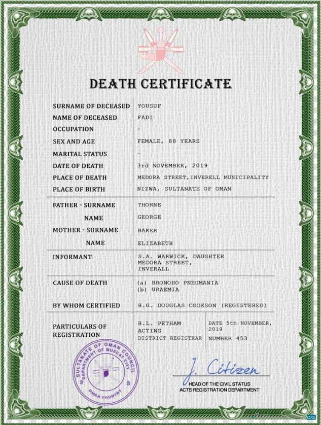 Премиум Скачать Оман Vital Record Death Certificate PSD Шаблон Photoshop Шаблон