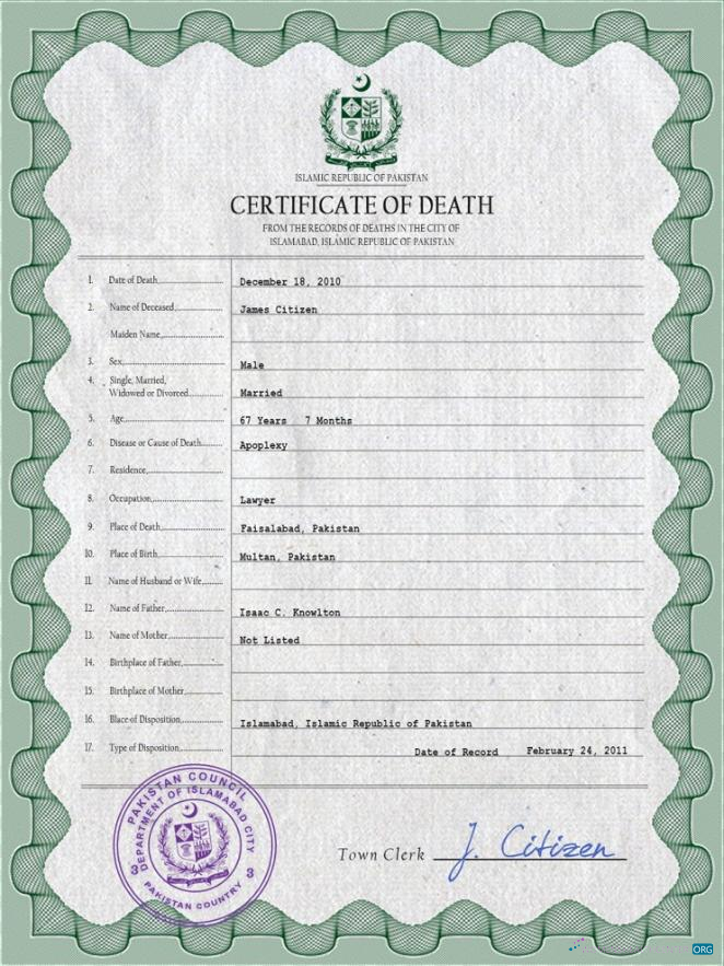 Реалистичный Скачать Пакистан Vital Record Death Certificate PSD Шаблон Photoshop Шаблон