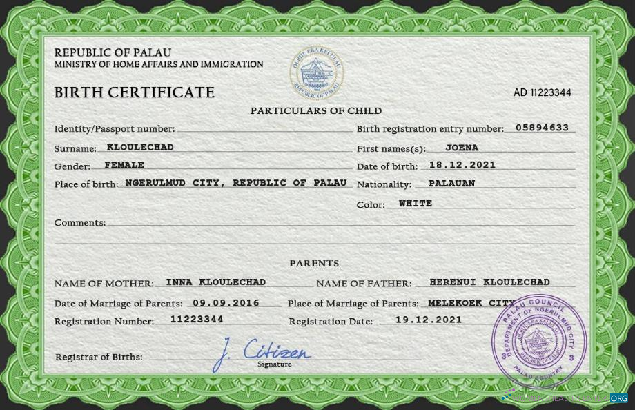 Профессиональный Скачать Palau Birth Certificate PSD Шаблон Photoshop Шаблон