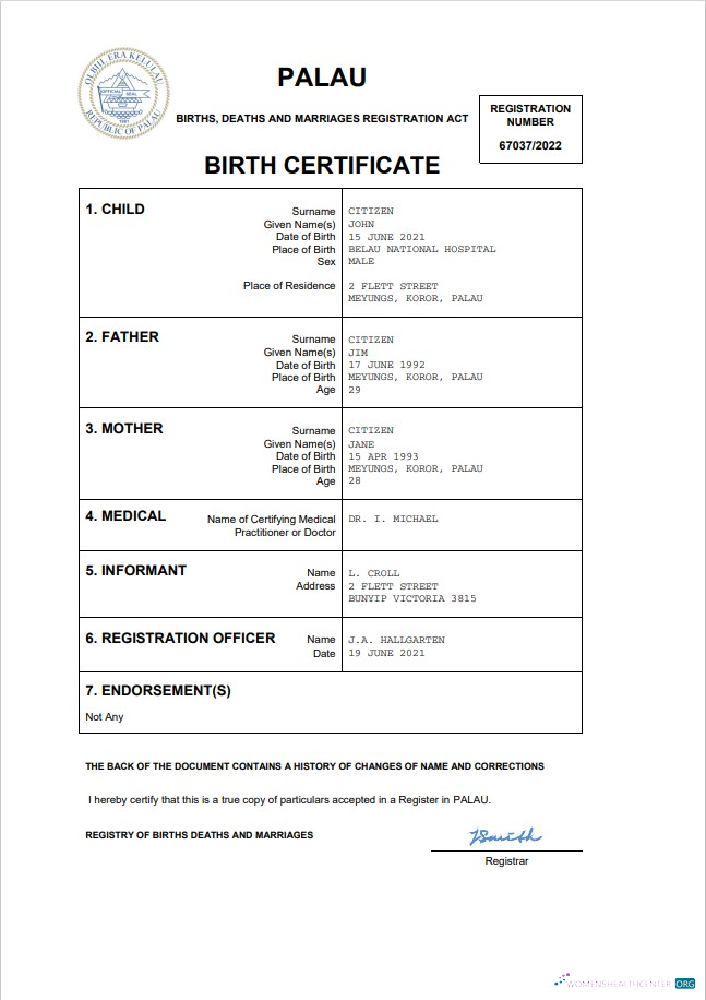 Качественный Скачать Palau Birth Certificate Word и PDF Шаблон Photoshop Шаблон