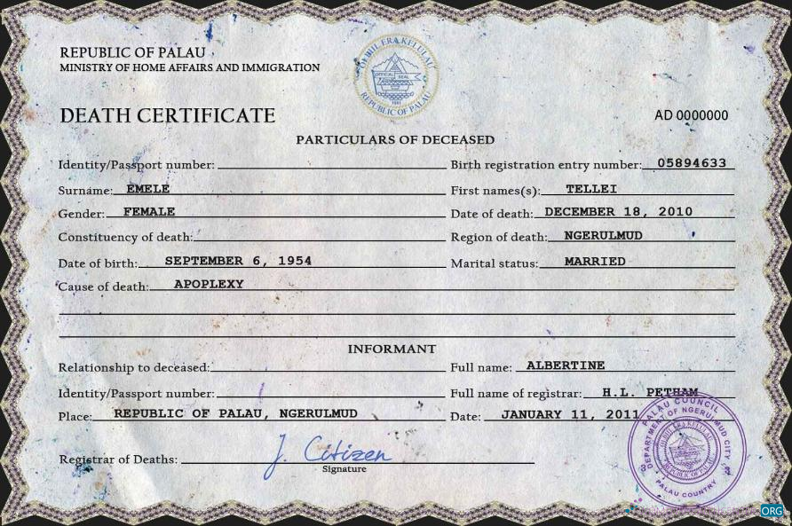 Редактируемый Скачать Palau Death Certificate PSD Шаблон Photoshop Шаблон