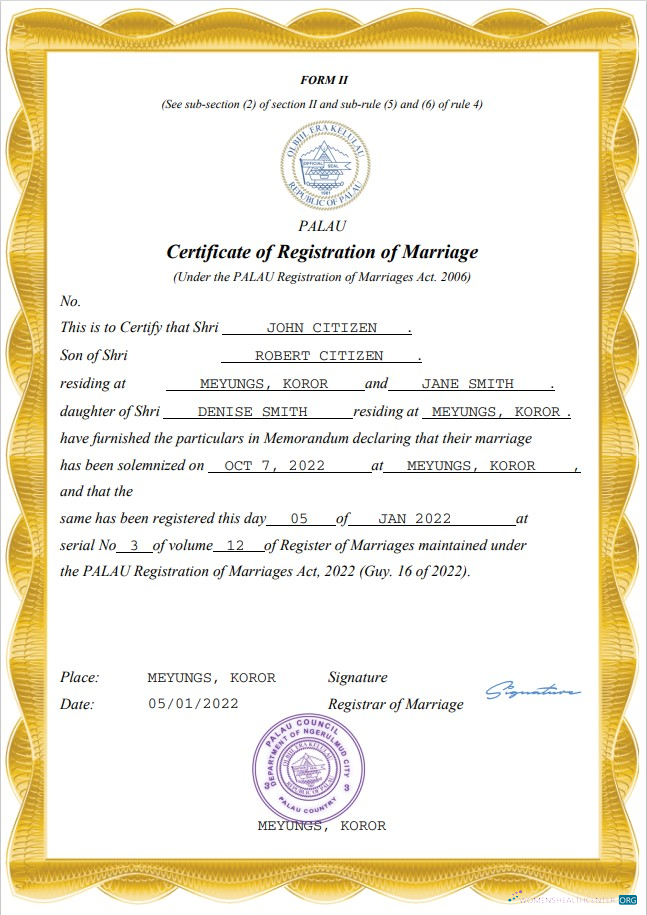 Редактируемый Скачать Palau Marriage Certificate Word и PDF Шаблон Photoshop Шаблон