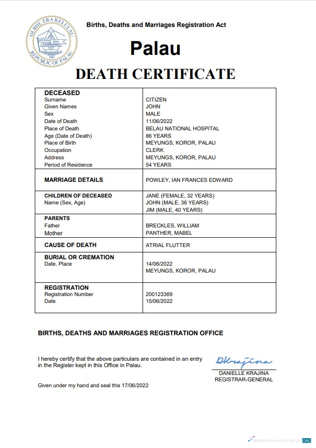 Реалистичный Скачать Palau Vital Record Death Certificate Word и PDF Шаблон Photoshop Шаблон