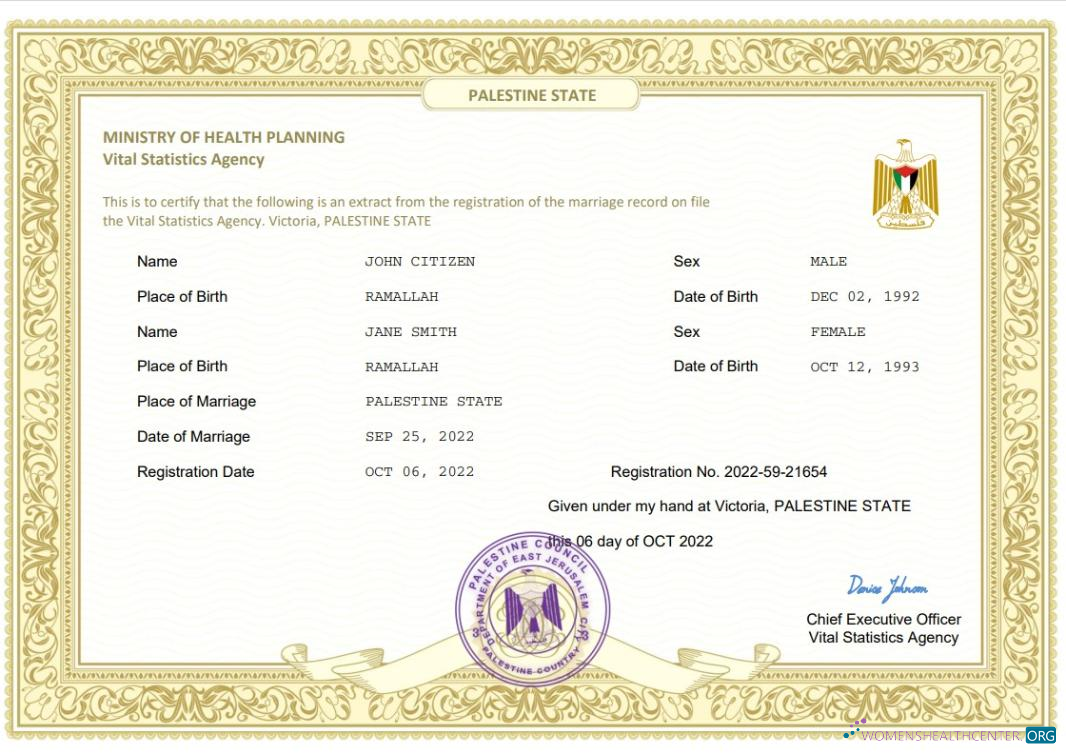 Редактируемый Скачать Palestine Государственный Marriage Certificate Photoshop Шаблон