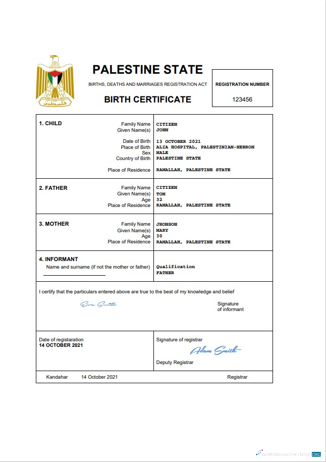 Редактируемый Скачать Palestine Vital Record Birth Certificate Word и PDF Шаблон Photoshop Шаблон