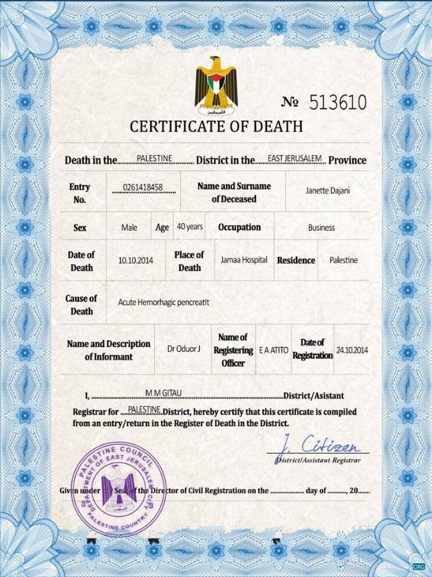 Редактируемый Скачать Palestine Vital Record Death Certificate PSD Шаблон Photoshop Шаблон